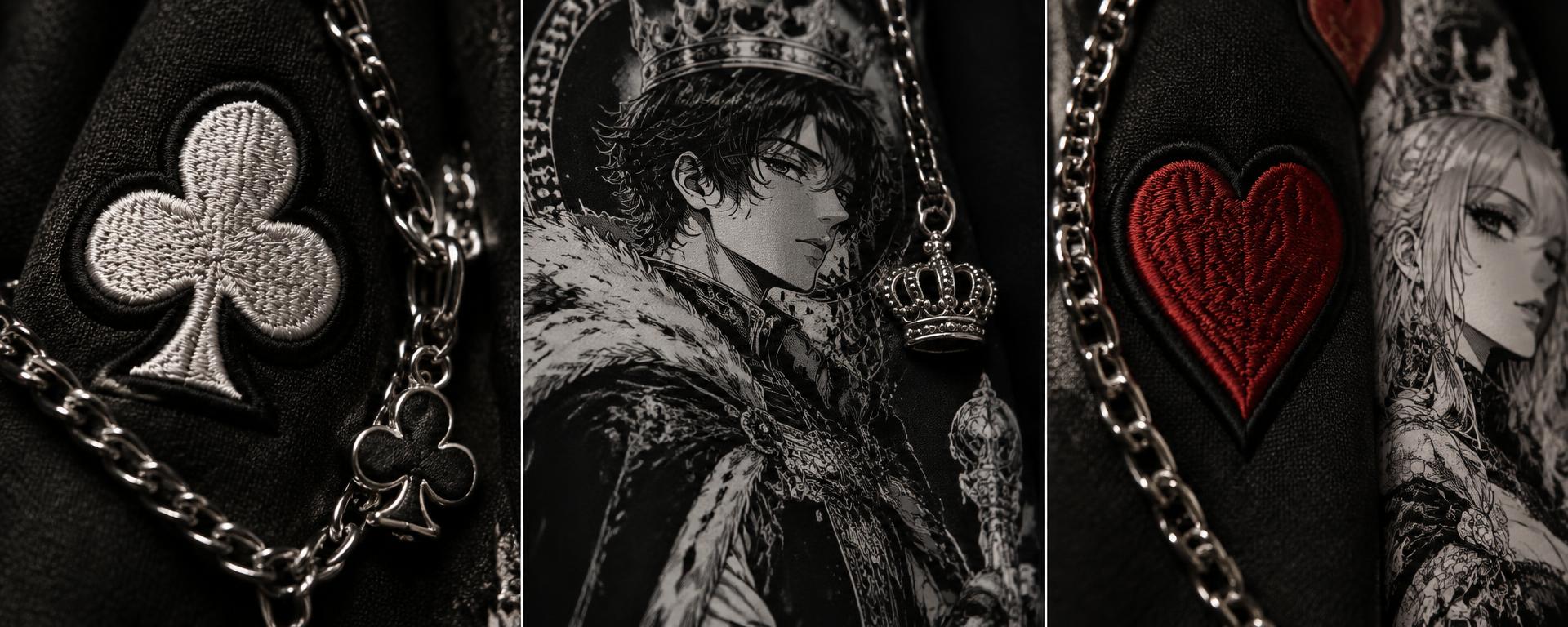 Club embroidery, anime artwork, crown chains and crimson heart fabric details